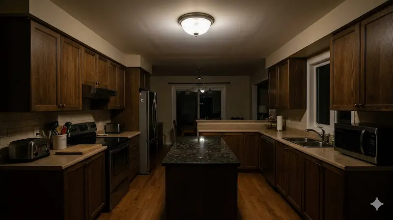 Dim kitchen before lighting upgrade by Oakville kitchen experts Kitchen with low lighting before upgrade by Oakville Kitchen Experts, highlighting dark areas.