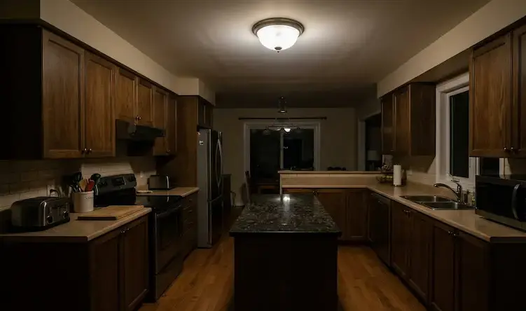 Low Lighting Kitchen Before Upgrade Oakville Low lighting kitchen before upgrade in Oakville showing dim and outdated interior by oakville kitchen experts