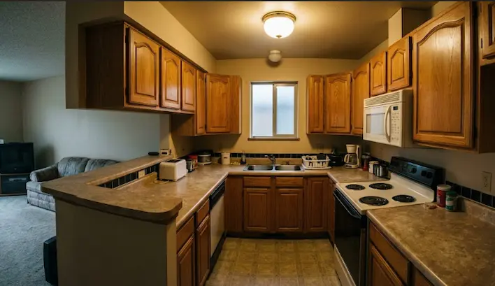 Before Kitchen Renovation in Glen Abbey – Closed-Off Oak Kitchen Outdated Glen Abbey kitchen before renovation with oak cabinets, laminate countertops, a half-wall, and limited natural light.